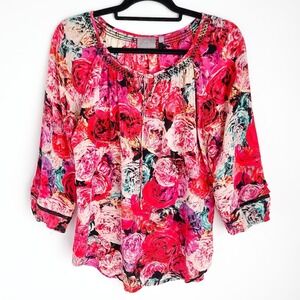 Anthropologie Vanessa Virginia Captured Rose Silk Blouse Top Womens S 3/4 Sleeve